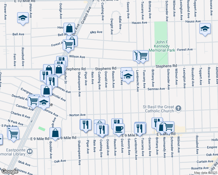 map of restaurants, bars, coffee shops, grocery stores, and more near 23156 Donald Avenue in Eastpointe