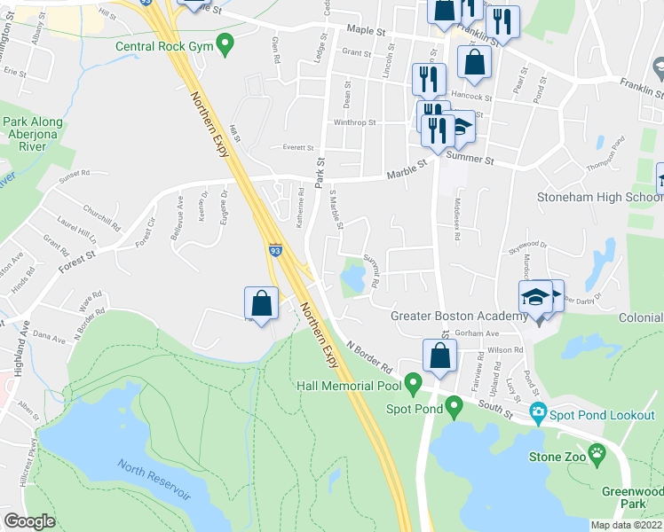 map of restaurants, bars, coffee shops, grocery stores, and more near 224 Park Street in Stoneham