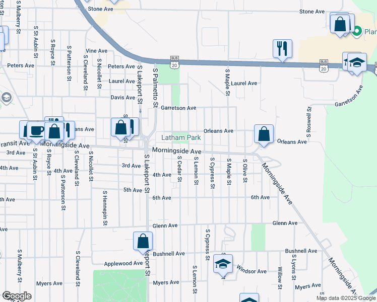 map of restaurants, bars, coffee shops, grocery stores, and more near Morningside Avenue in Sioux City