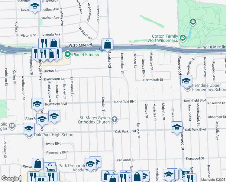 map of restaurants, bars, coffee shops, grocery stores, and more near 24397 Rensselaer Street in Oak Park