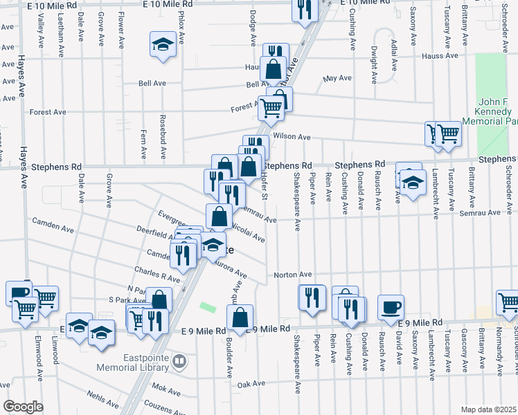 map of restaurants, bars, coffee shops, grocery stores, and more near 16269 Semrau Avenue in Eastpointe
