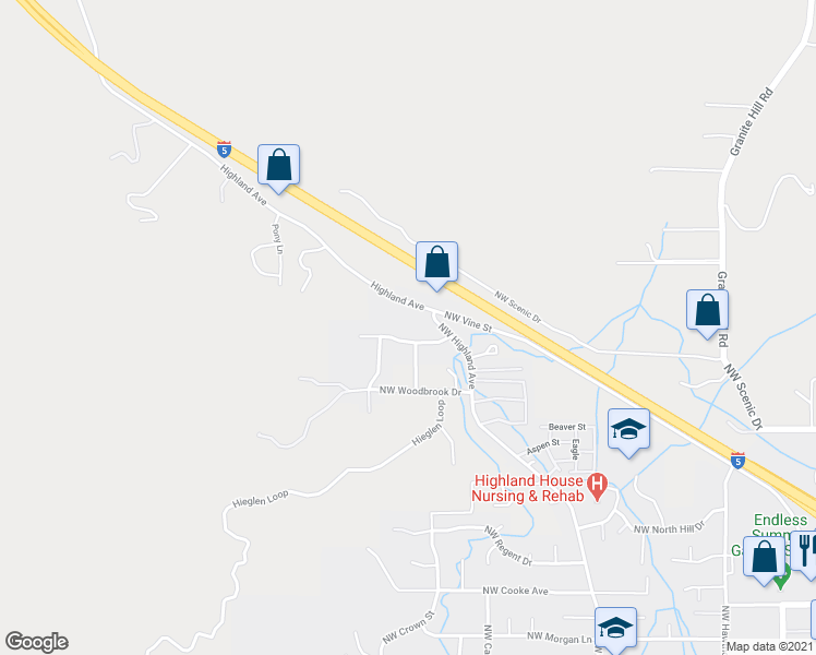 map of restaurants, bars, coffee shops, grocery stores, and more near 2744 Highland Avenue in Grants Pass
