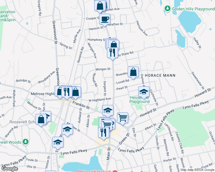 map of restaurants, bars, coffee shops, grocery stores, and more near 100 Sargent Street in Melrose