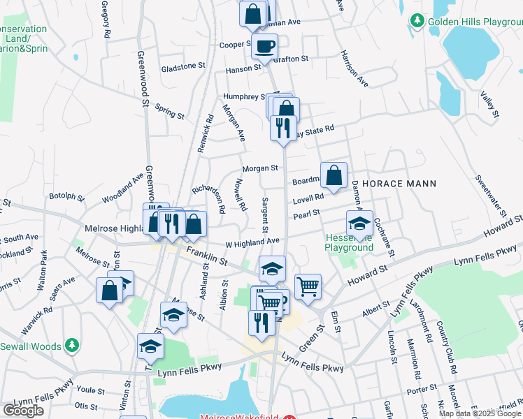map of restaurants, bars, coffee shops, grocery stores, and more near 100 Sargent Street in Melrose