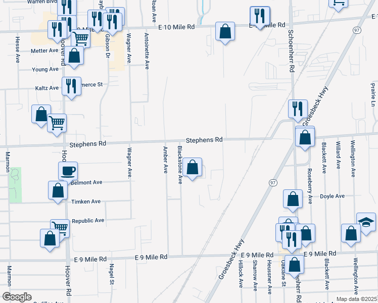 map of restaurants, bars, coffee shops, grocery stores, and more near 12700 Stephens in Warren