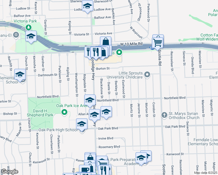 map of restaurants, bars, coffee shops, grocery stores, and more near 24341 Berkley Street in Oak Park