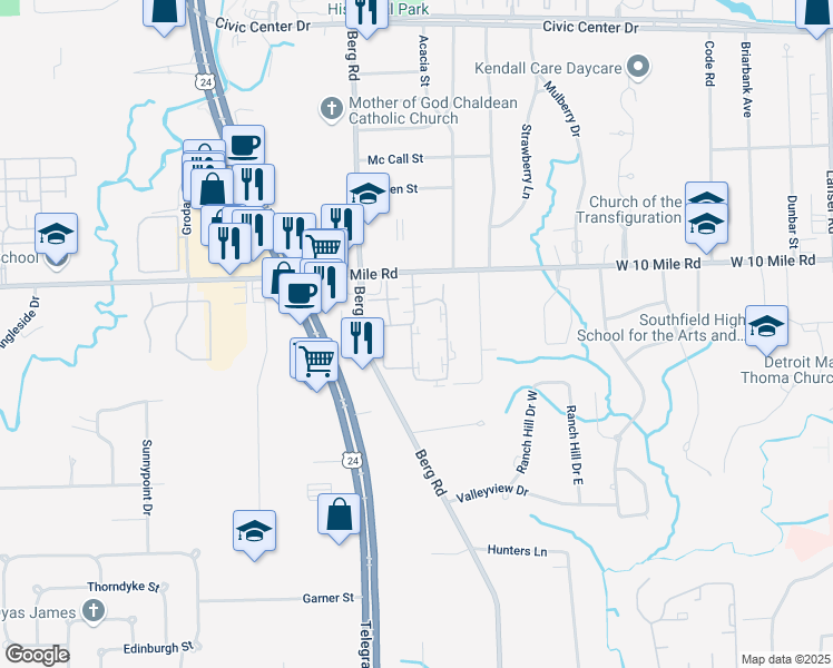 map of restaurants, bars, coffee shops, grocery stores, and more near 24665 Walden Road West in Southfield
