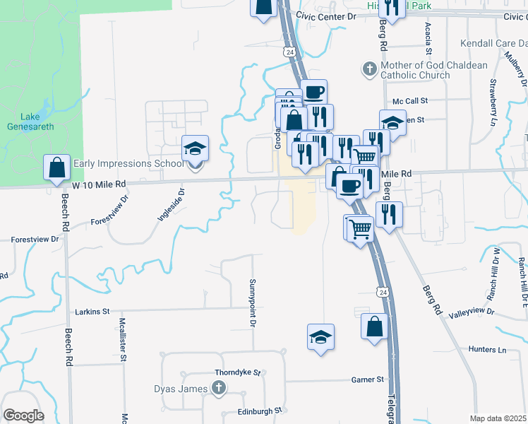 map of restaurants, bars, coffee shops, grocery stores, and more near 24868 Cashmere Court in Southfield