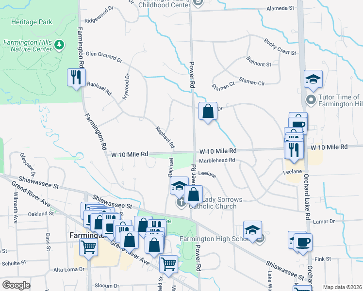 map of restaurants, bars, coffee shops, grocery stores, and more near 32510 Raphael Road in Farmington Hills