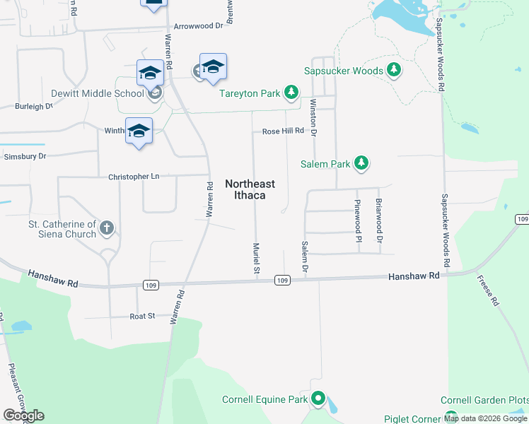 map of restaurants, bars, coffee shops, grocery stores, and more near 125 Muriel Street in Ithaca