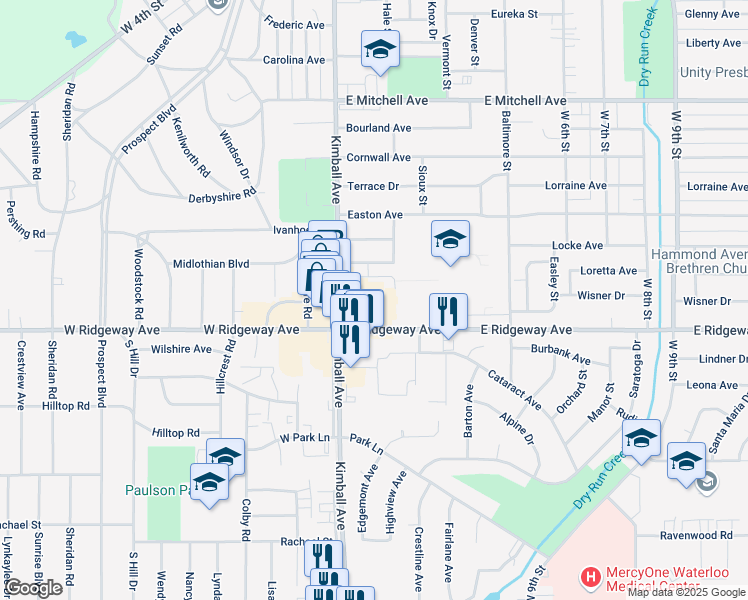 map of restaurants, bars, coffee shops, grocery stores, and more near 2055 Kimball Avenue in Waterloo