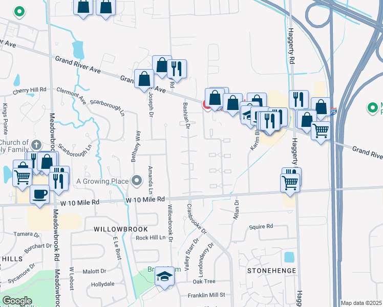 map of restaurants, bars, coffee shops, grocery stores, and more near 24528 Bashian Drive in Novi