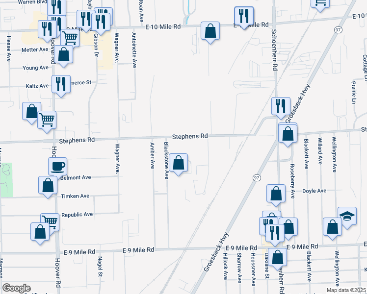 map of restaurants, bars, coffee shops, grocery stores, and more near 12700 Stephens Road in Warren