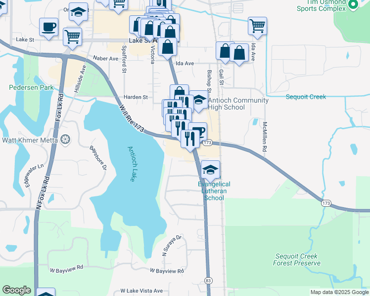 map of restaurants, bars, coffee shops, grocery stores, and more near 320 Illinois 173 in Spring Grove