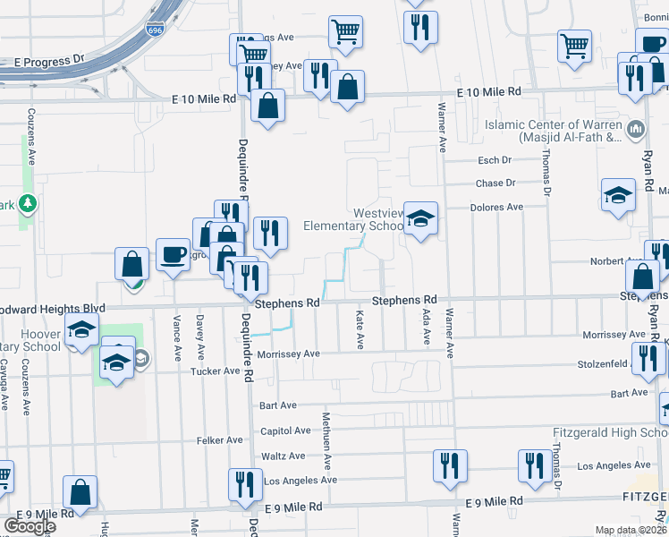 map of restaurants, bars, coffee shops, grocery stores, and more near 24660 Dequindre Road in Warren