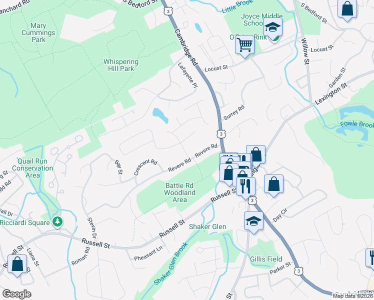 map of restaurants, bars, coffee shops, grocery stores, and more near 7 Dawes Circle in Woburn