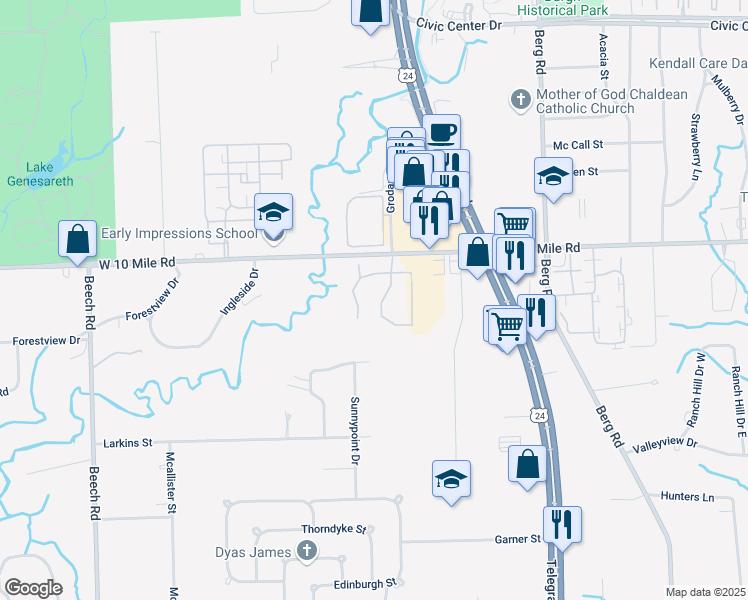 map of restaurants, bars, coffee shops, grocery stores, and more near 24868 Cashmere Court in Southfield