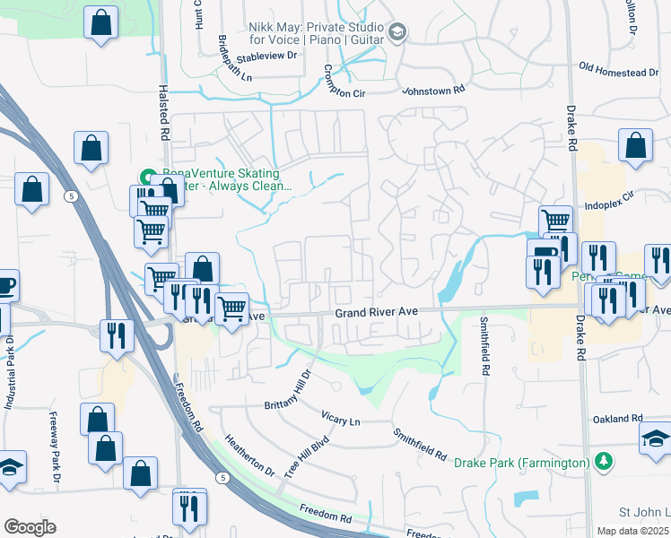 map of restaurants, bars, coffee shops, grocery stores, and more near 36550 Grand River Avenue in Farmington Hills