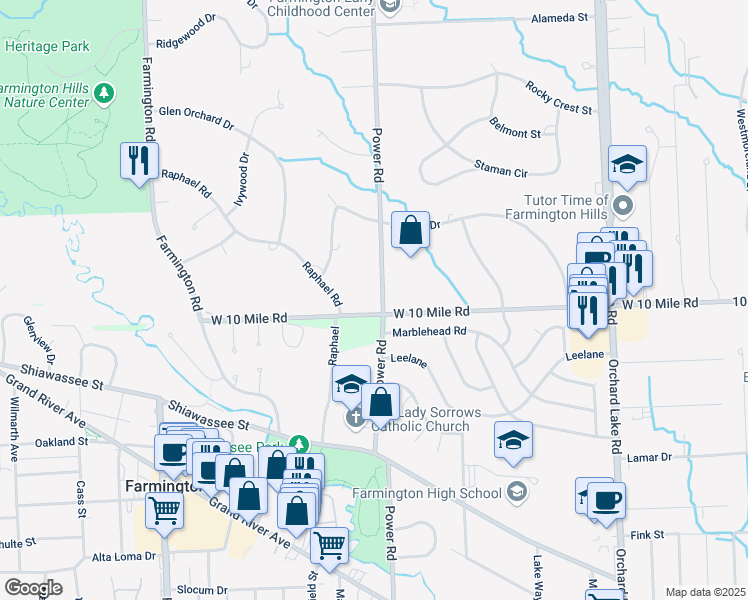 map of restaurants, bars, coffee shops, grocery stores, and more near 24325 Power Road in Farmington