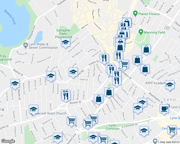 map of restaurants, bars, coffee shops, grocery stores, and more near 109 Grove Street in Lynn