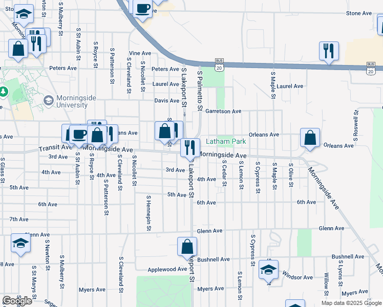 map of restaurants, bars, coffee shops, grocery stores, and more near 4700 Morningside Ave in Sioux City
