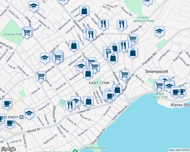 map of restaurants, bars, coffee shops, grocery stores, and more near 130 Eastern Avenue in Lynn