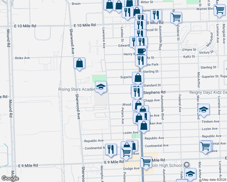 map of restaurants, bars, coffee shops, grocery stores, and more near 7221 Standard Street in Center Line
