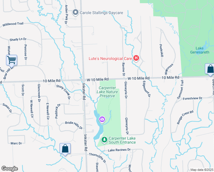 map of restaurants, bars, coffee shops, grocery stores, and more near 27101-27215 West 10 Mile Road in Southfield