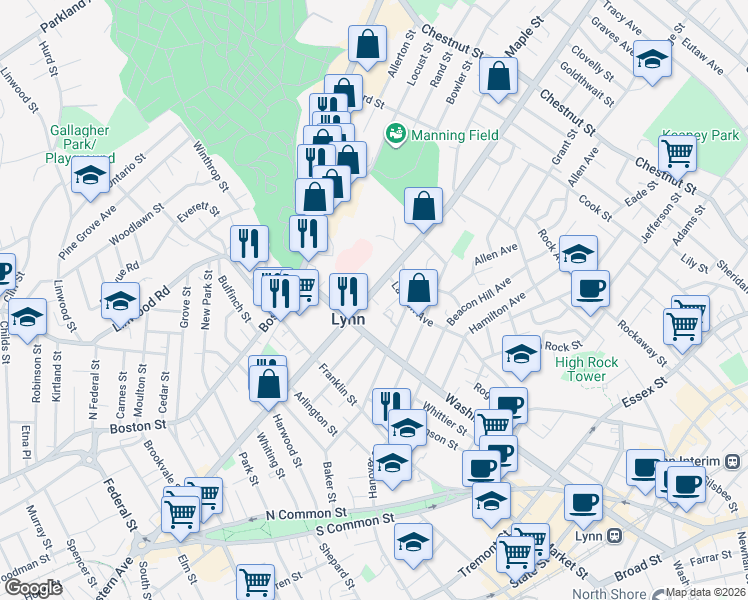 map of restaurants, bars, coffee shops, grocery stores, and more near 449 Western Avenue in Lynn
