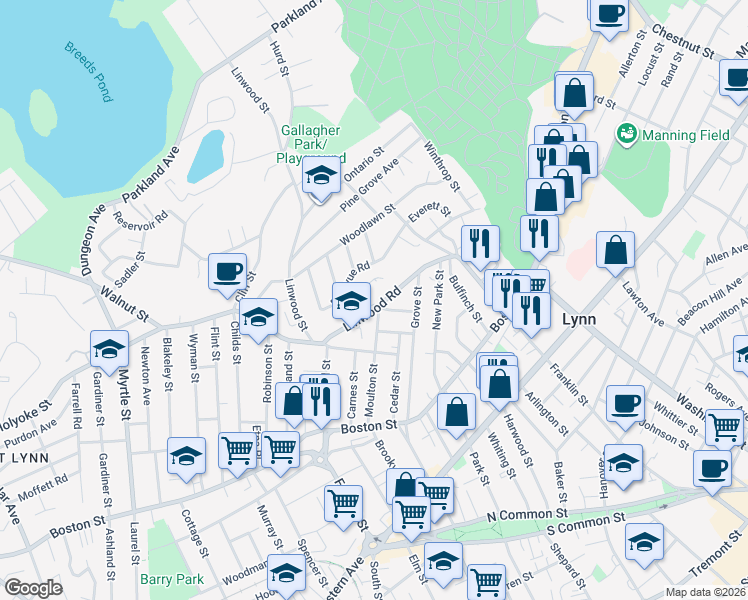 map of restaurants, bars, coffee shops, grocery stores, and more near 39 Gayron Way in Lynn