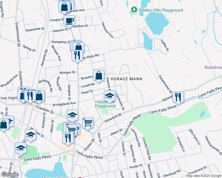 map of restaurants, bars, coffee shops, grocery stores, and more near 51 Damon Avenue in Melrose