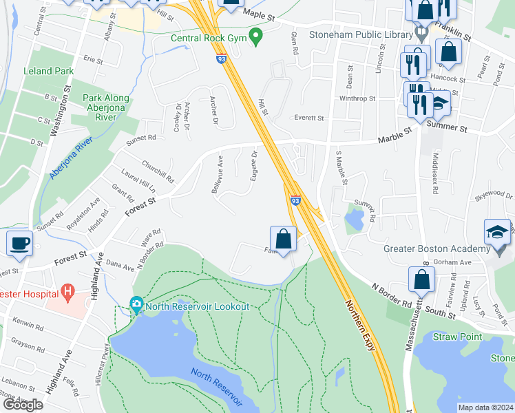 map of restaurants, bars, coffee shops, grocery stores, and more near 14 Eugene Drive in Winchester