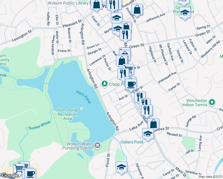 map of restaurants, bars, coffee shops, grocery stores, and more near 31 Hudson Street in Woburn