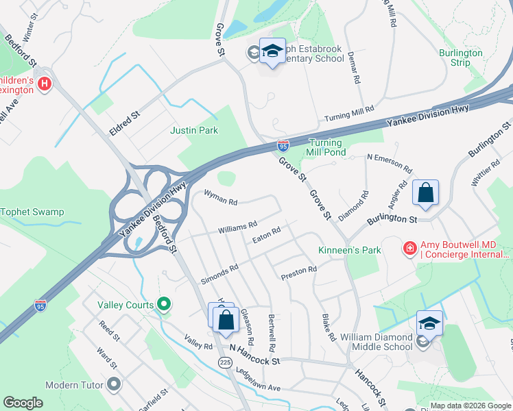 map of restaurants, bars, coffee shops, grocery stores, and more near 32 Wyman Road in Lexington