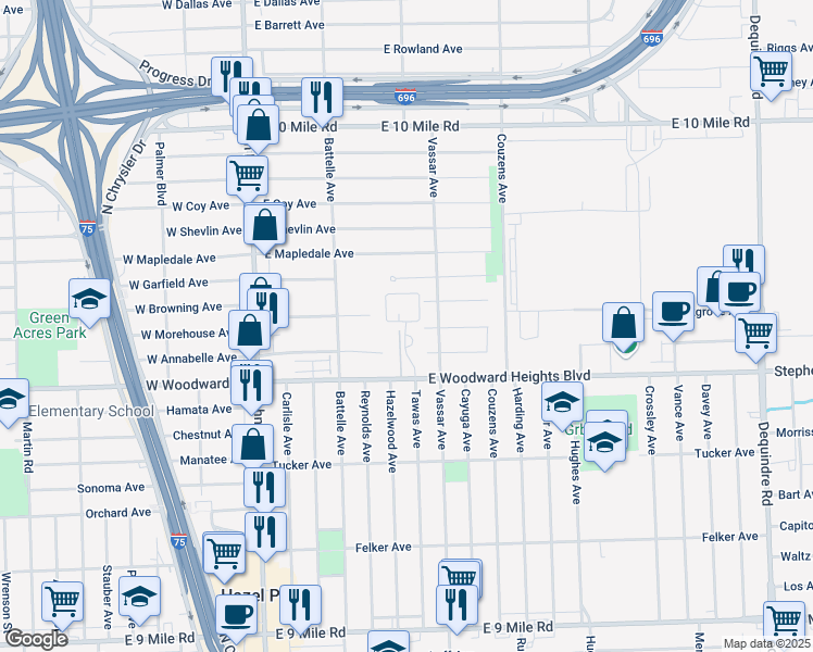 map of restaurants, bars, coffee shops, grocery stores, and more near 777 East Woodward Heights Boulevard in Hazel Park