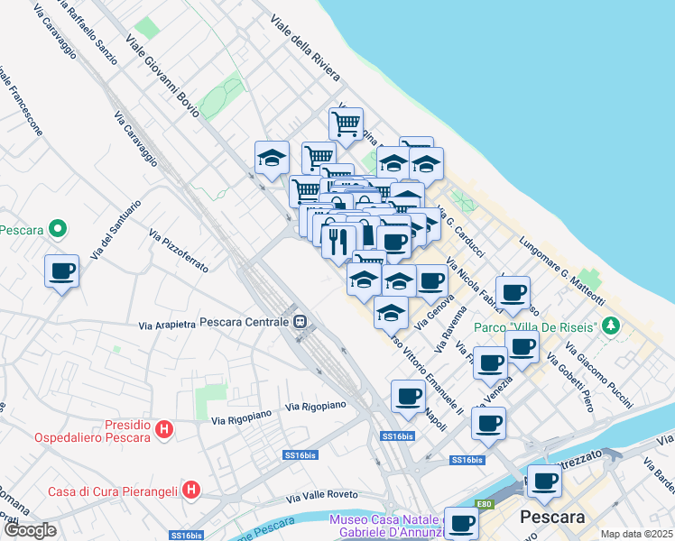 map of restaurants, bars, coffee shops, grocery stores, and more near 292 Corso Vittorio Emanuele II in Pescara