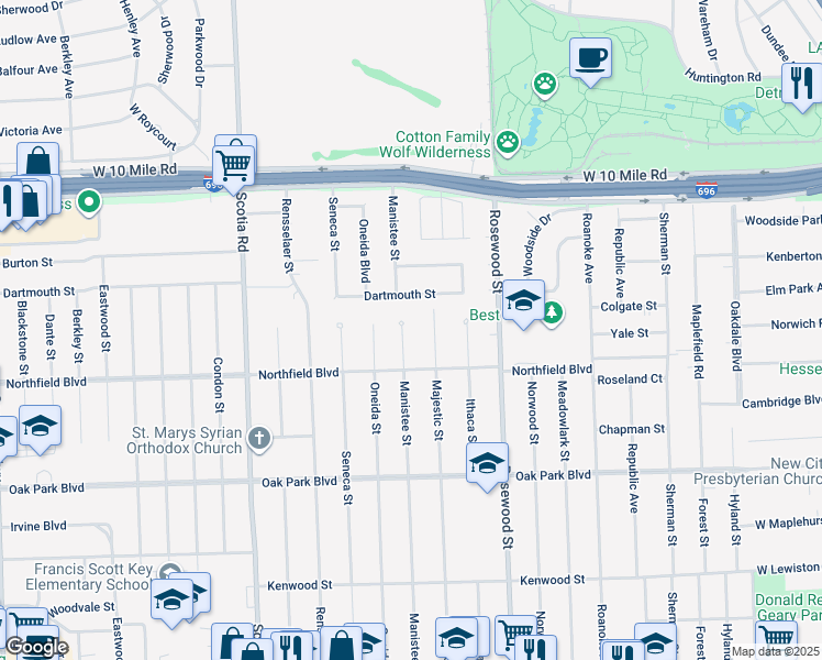 map of restaurants, bars, coffee shops, grocery stores, and more near 24320 Manistee Street in Oak Park