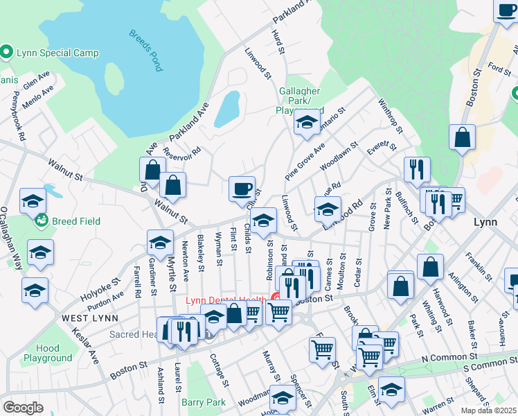 map of restaurants, bars, coffee shops, grocery stores, and more near 29 Cliff Street in Lynn