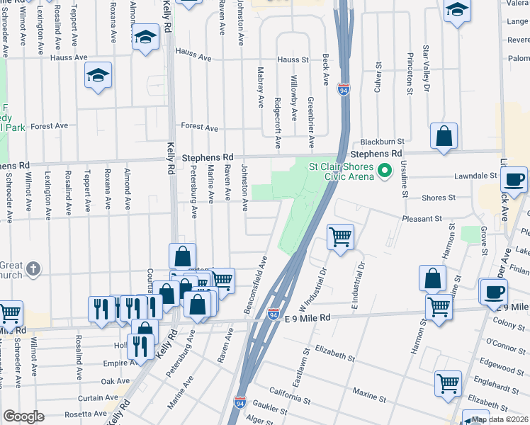 map of restaurants, bars, coffee shops, grocery stores, and more near 19000 Spindler Avenue in Eastpointe