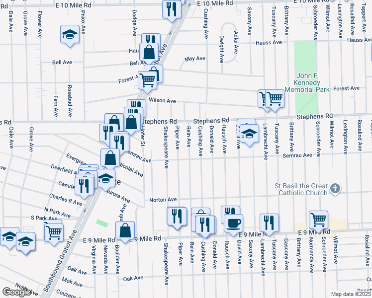 map of restaurants, bars, coffee shops, grocery stores, and more near 23786 Piper Avenue in Eastpointe