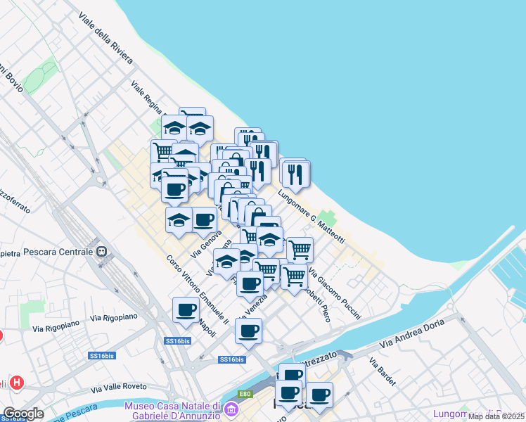 map of restaurants, bars, coffee shops, grocery stores, and more near 91 Via Trilussa in Pescara