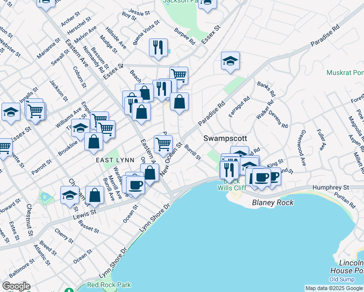 map of restaurants, bars, coffee shops, grocery stores, and more near 135 Burrill Street in Swampscott