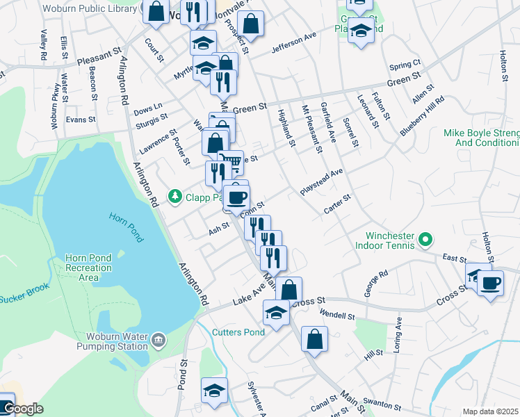 map of restaurants, bars, coffee shops, grocery stores, and more near 25 John Street in Woburn