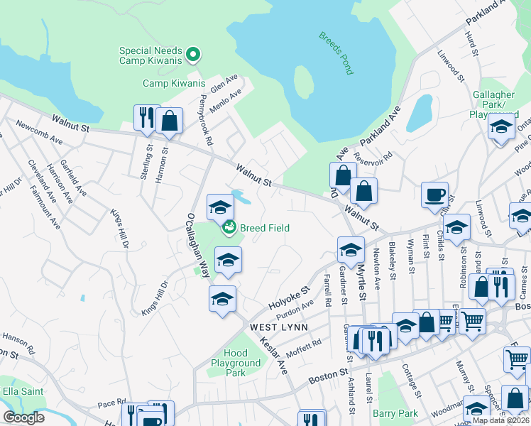 map of restaurants, bars, coffee shops, grocery stores, and more near 382 Walnut Street in Lynn