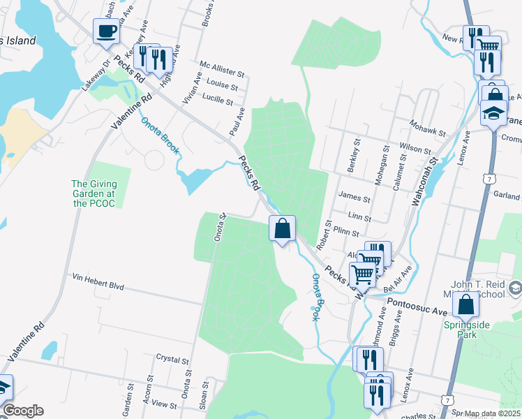 map of restaurants, bars, coffee shops, grocery stores, and more near 595 Onota Street in Pittsfield