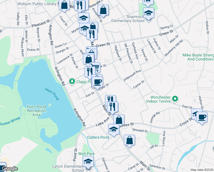 map of restaurants, bars, coffee shops, grocery stores, and more near 15 Conn Street in Woburn