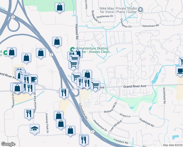 map of restaurants, bars, coffee shops, grocery stores, and more near 24334 Washington Court in Farmington Hills