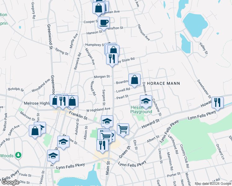 map of restaurants, bars, coffee shops, grocery stores, and more near 1069 Main Street in Melrose