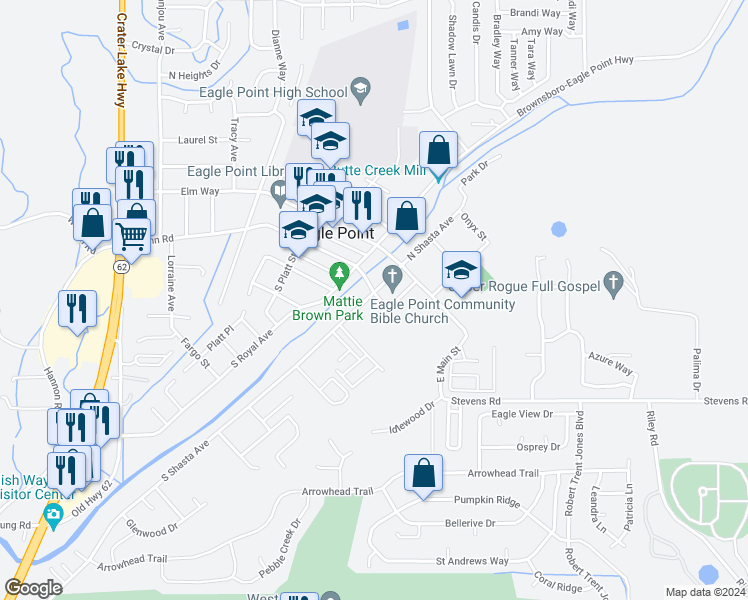 map of restaurants, bars, coffee shops, grocery stores, and more near 27 South Shasta Avenue in Eagle Point