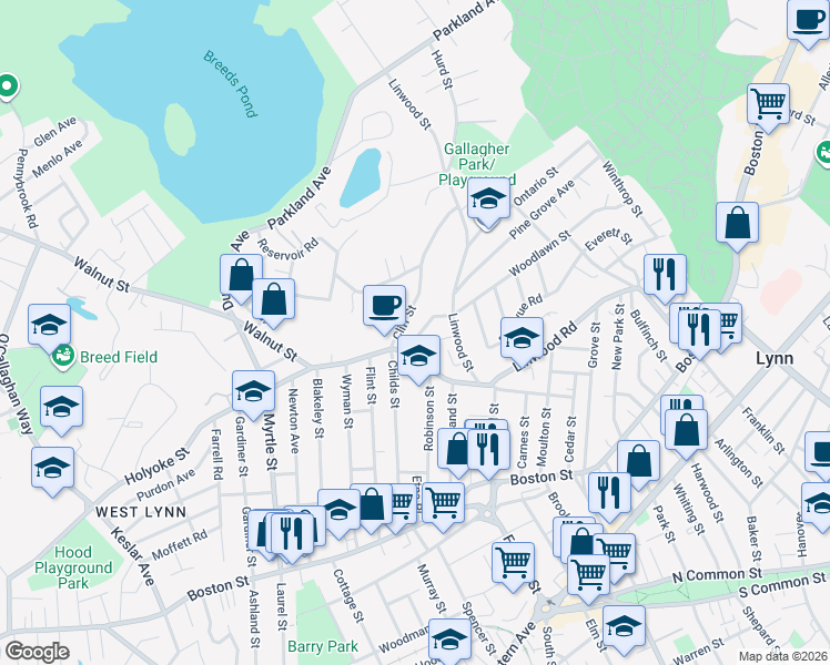 map of restaurants, bars, coffee shops, grocery stores, and more near 29 Cliff Street in Lynn